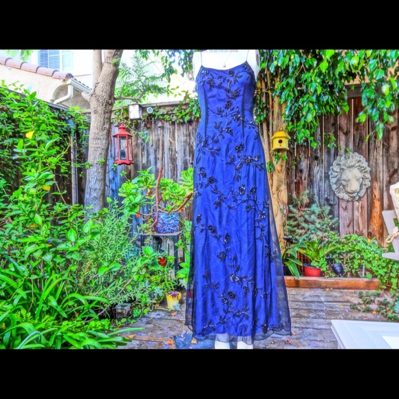 Cobalt blue beaded evening gown with straps - Picture 2 of 2